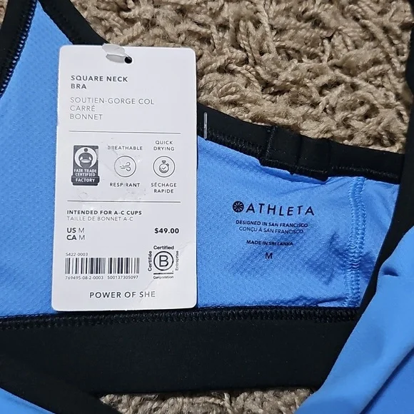 NWT Athleta Square Neck Bra Medium with Cups A - C Sports Bra Cornflower & Black - Picture 6 of 8